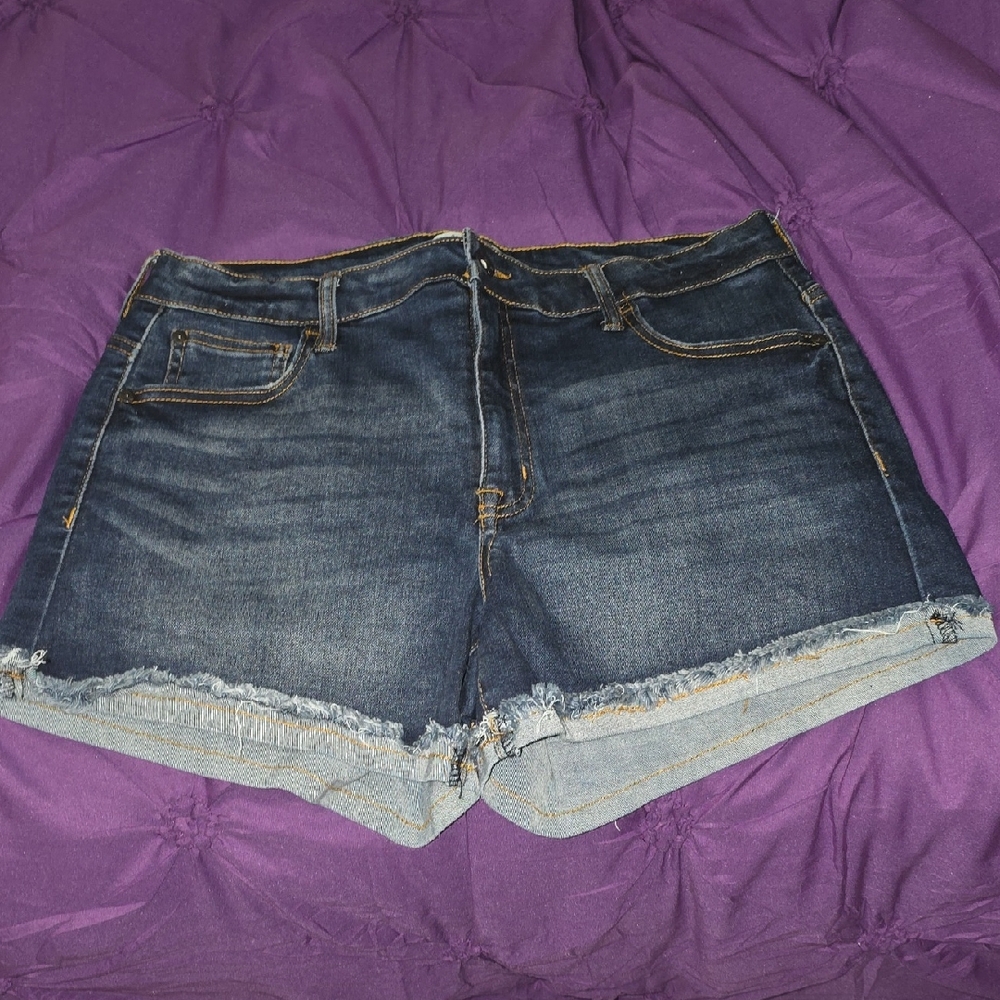 Dark Wash Denim Frayed Hem Women's Shorts